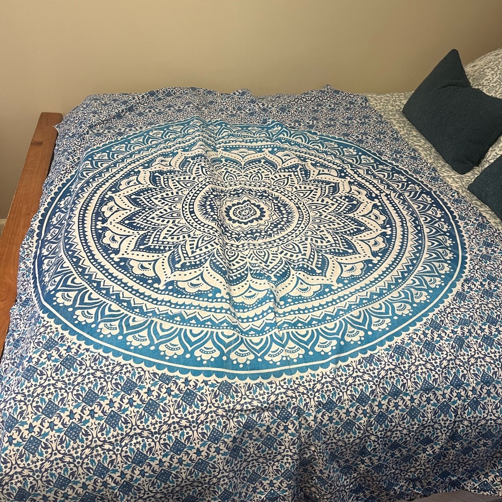 Blue and White Mandala Tapestry